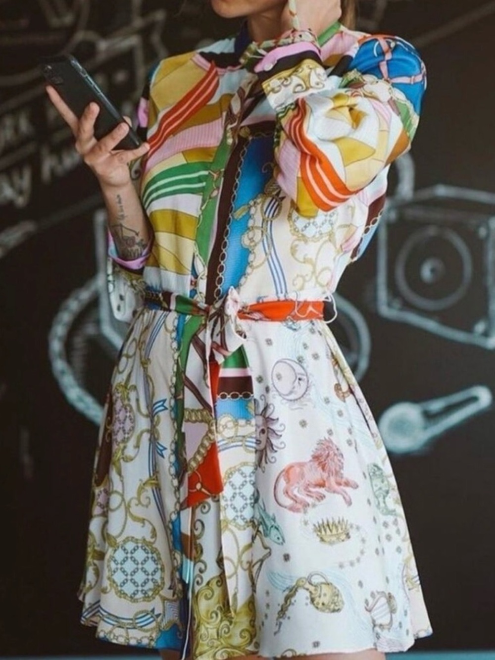 Zara Multi-Color Printed Long Sleeve Shirt Dress